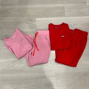 FIGS Pink and Red V-Neck Scrub Sets